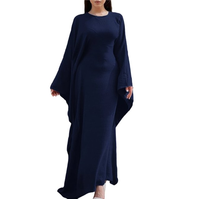Vestido Islámico Elegante de Color Liso con Mangas Murciélago para Mujer. Azul Marino XL
