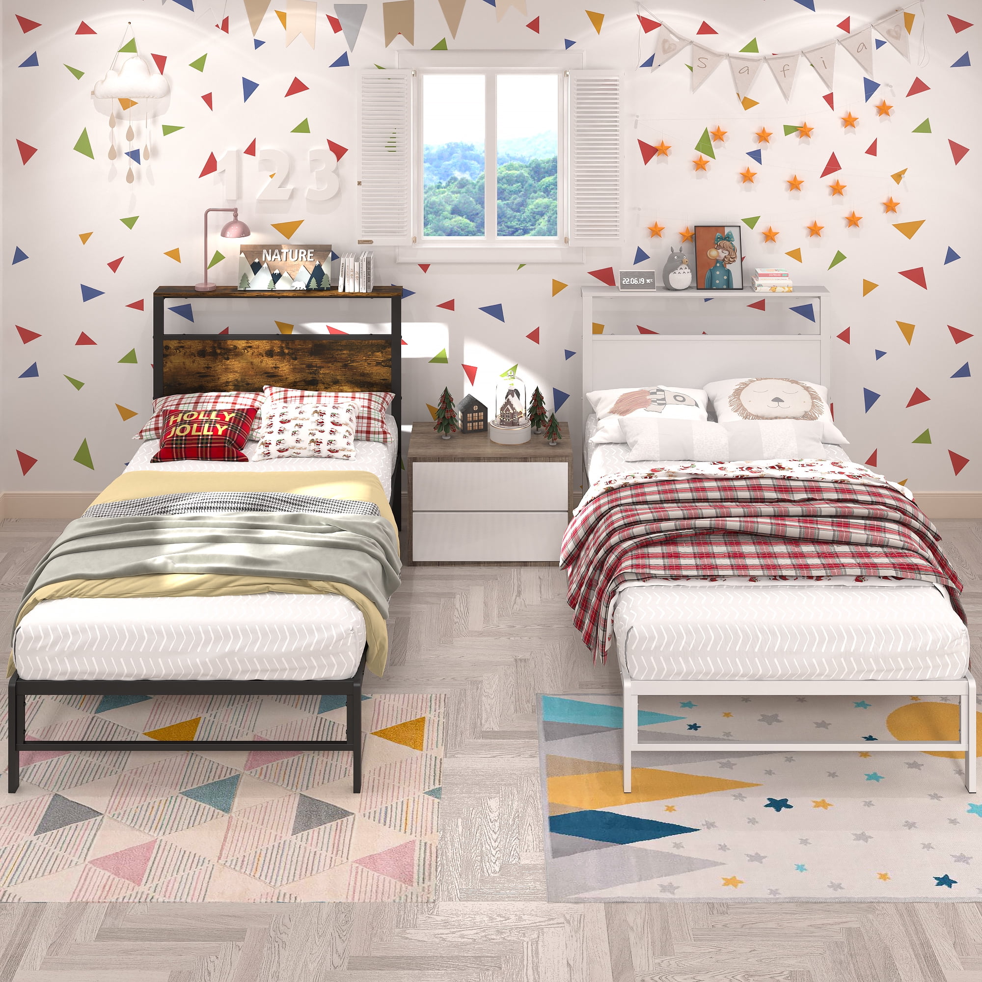 Yoneston Kids Twin Size Metal Platform Bed Frame with Storage Headboard, 12" Mattress Foundation for Childs Adults, Caramel Brown