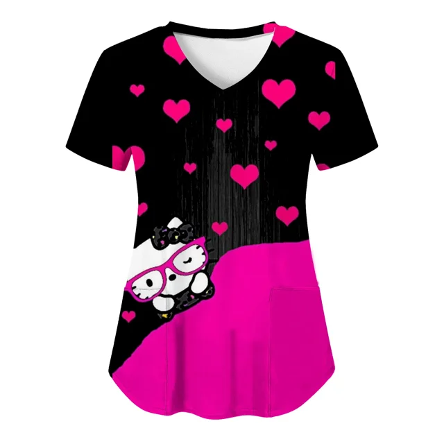Uniforme de enfermera Sanrio con estampado de dibujos animados para mujer, camiseta de manga corta con cuello en V y bolsillo, ropa de calle Kawaii, moda de Hello Kitty