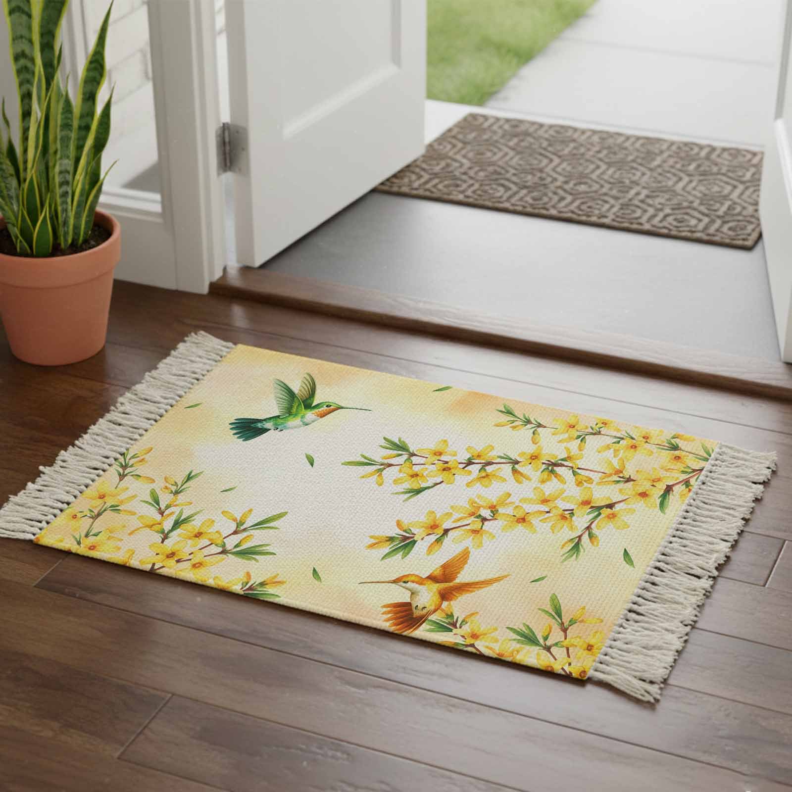 Kitchen Runner Rugs, Spring Yellow Flower Hummingbird 2'x3' Throw Rug with Tassels, Watercolor Forsythia Floral Washable Soft Floor Carpet Runner for Hallway Bedroom Bathroom Laundry Room