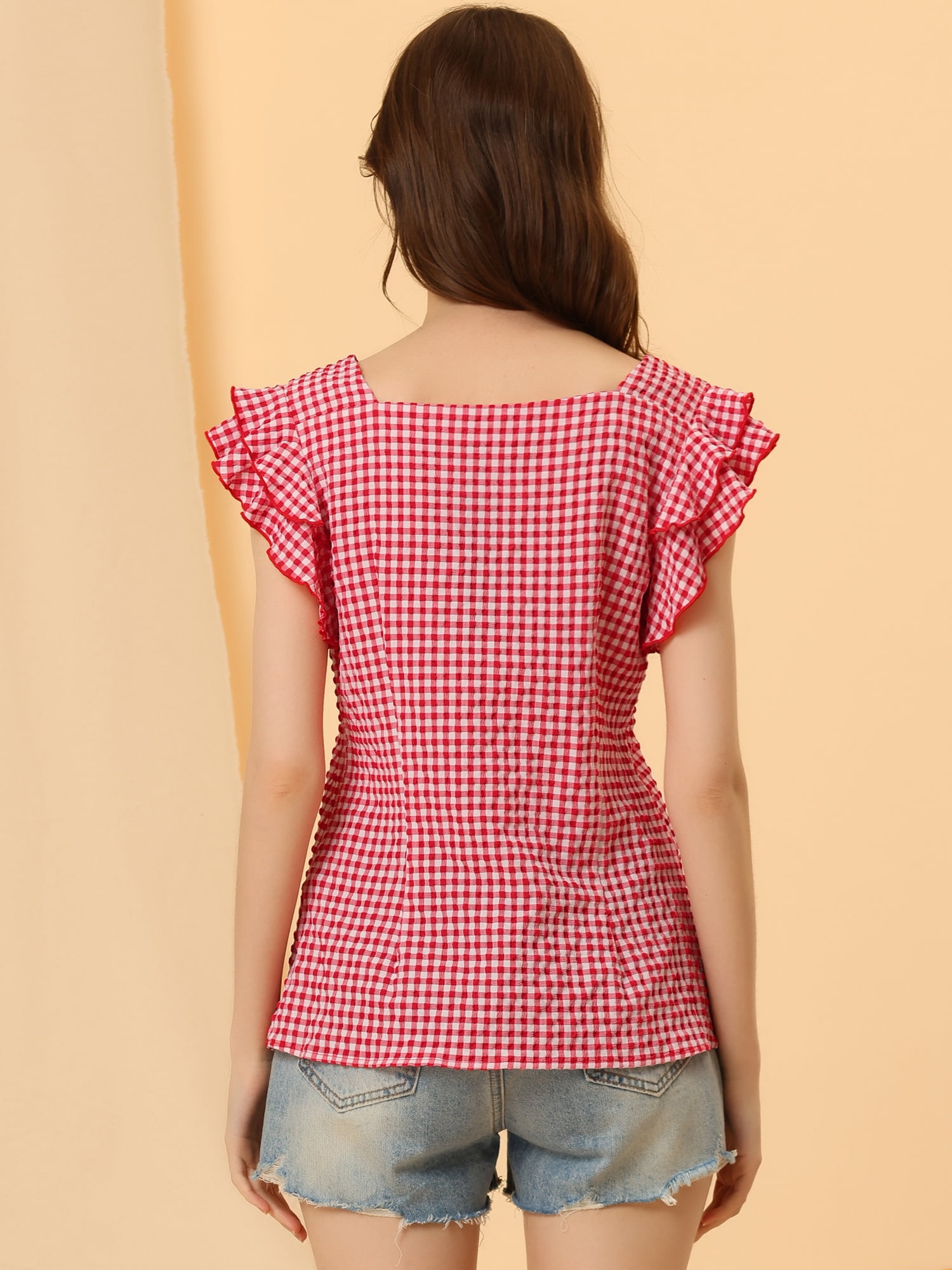 DARING DIVA Square Neck Ruffle Sleeve Blouse L Red