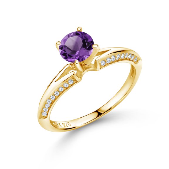Gem Stone King 1.58 Ct Round Purple Amethyst 18K Yellow Gold Plated Sterling Silver Ring (Size 7) (Size 7)