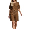 thumbnail image 6 of AHTJRT Plus Size Summer Sets for Women Cotton V Neck Short Sleeve Tops and Drawstring Shorts Casual Beachwear Vacation Travel Outfits Brown L, 6 of 8