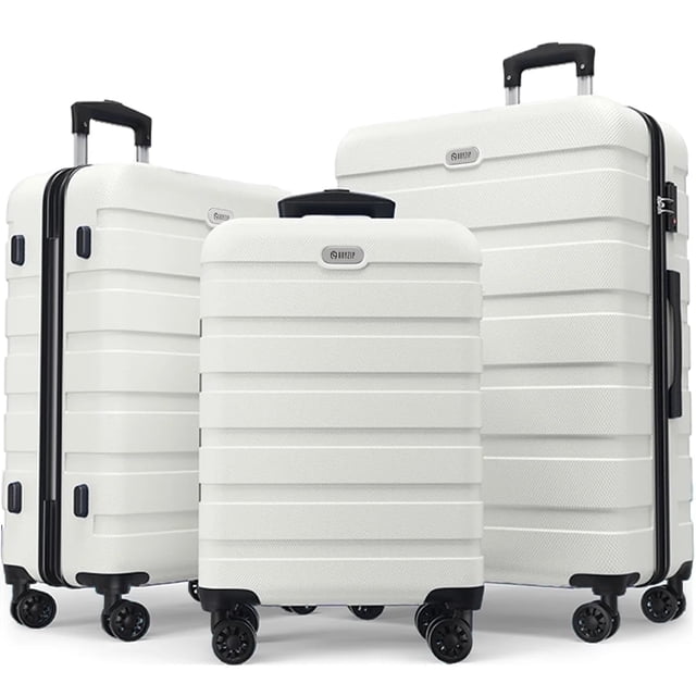 Ensemble de Bagages 3 Pcs, Valises Rigides Légères en PC ABS avec Serrure TSA, Bagage Cabine à Roulettes, Blanc