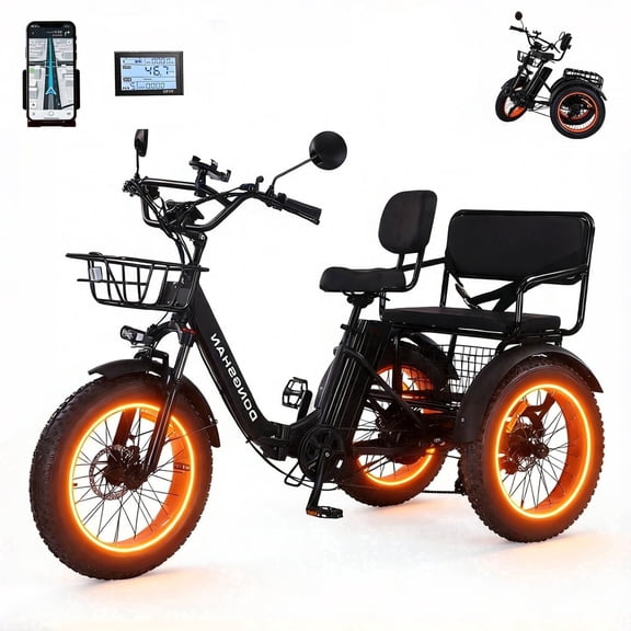 Electric Trike 7 Speed for Adult,20”x4.0”Fat Tire Folding Electric Tricycle,48V15Ah Li-Battery,Peak 1350W 3 Wheel Ebike with Rear Seat and Basket