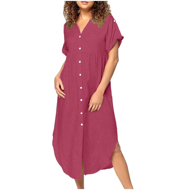 JMKQLZ Ladies Fashion Loose Temperament Casual Solid Color Button Mid-length Dress