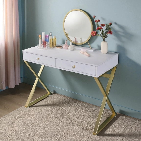 GZXS Vanity Desk with Round Mirror and 2 Drawers, White Makeup Table with Jewelry Tray and Golden Metal Legs, 42" Dressing Table for Bedroom