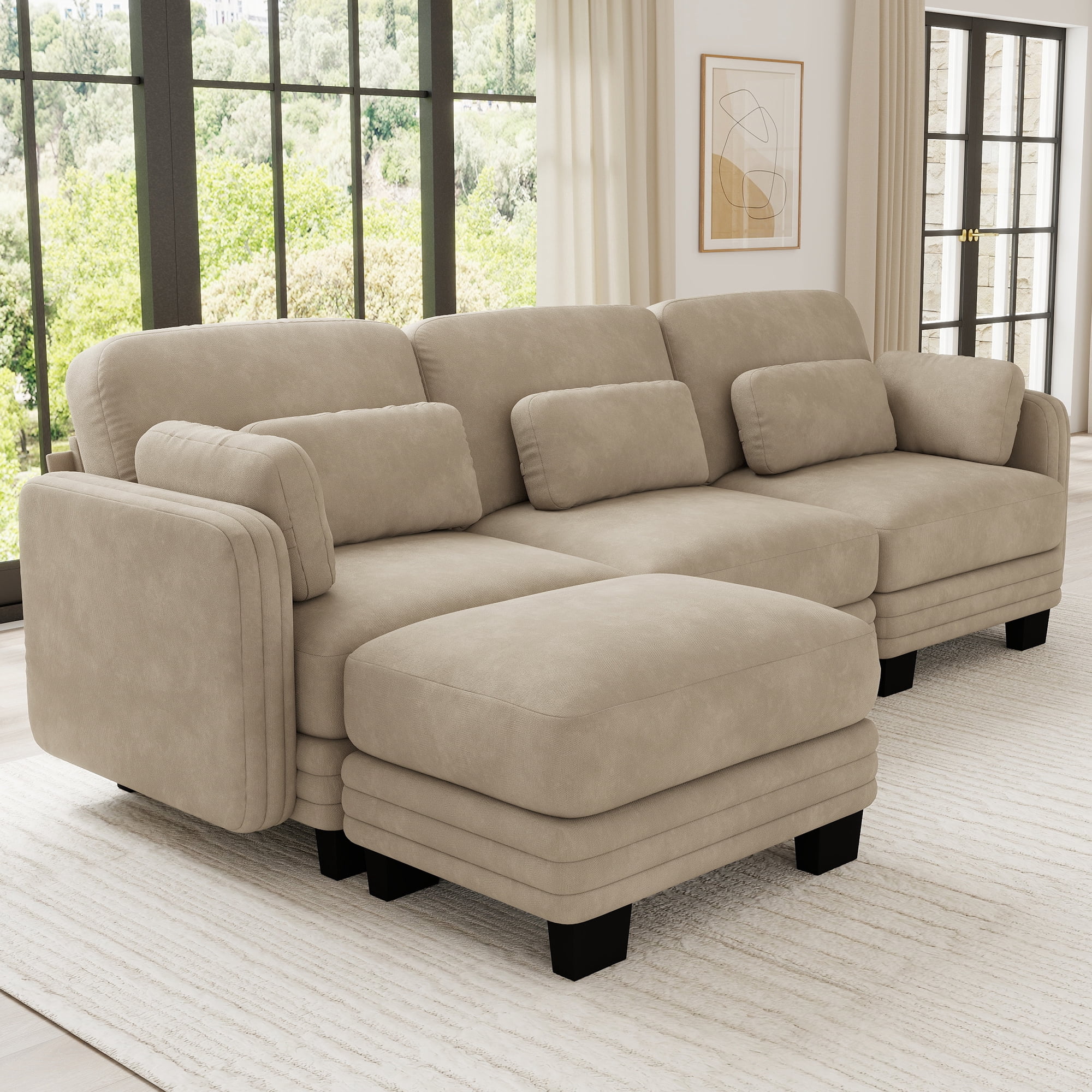 100" L Shape Modern Modular Sectional 3 Seater Sofa Couch with Movable Ottoman and 5 Pillows