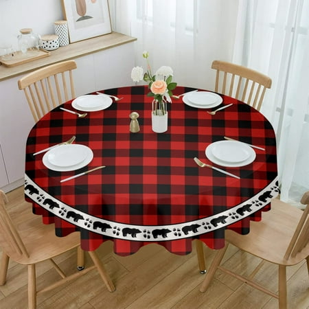 

Round Red Black Plaid Check Tablecloth Waterproof 60 in Farmhouse Winter Bear Footprint Table Cloth Cover for Fall Baby Shower Christmas Wedding Party
