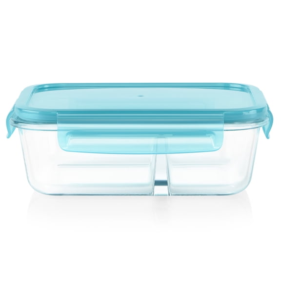 Pyrex MealBox 4-cup Divided Glass Food Storage Container with Turquoise Lid, Best Used for Leftover Storage and Reheating
