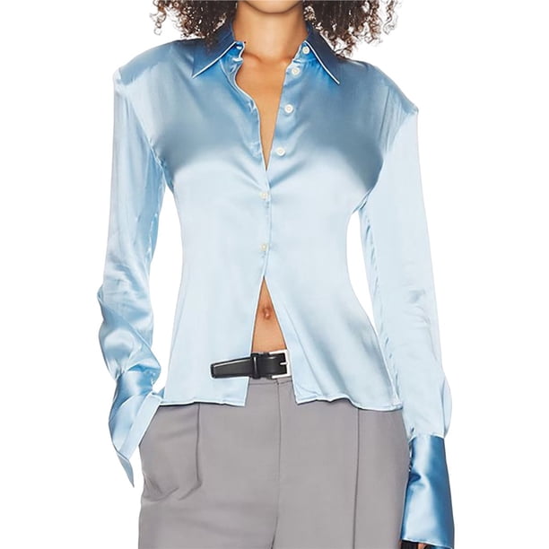 Camisas de Satén de Seda con Botones para Mujer, Blusas de Larga, Camisas de Mujer Azul L