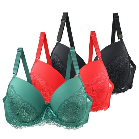 Hot Sale!(3PC) BKQCNKM Push Up Bra  Lace Bra  Wireless Bras for Women  Classic Bra Set Comfort Bra Everyday Bra  Breathable Bras for Women  Hot Pink 85E