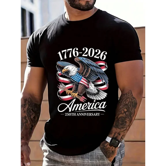 Men's America 250th Anniversary T-Shirt 1776-2026 Patriotic Eagle Graphic Tee Black