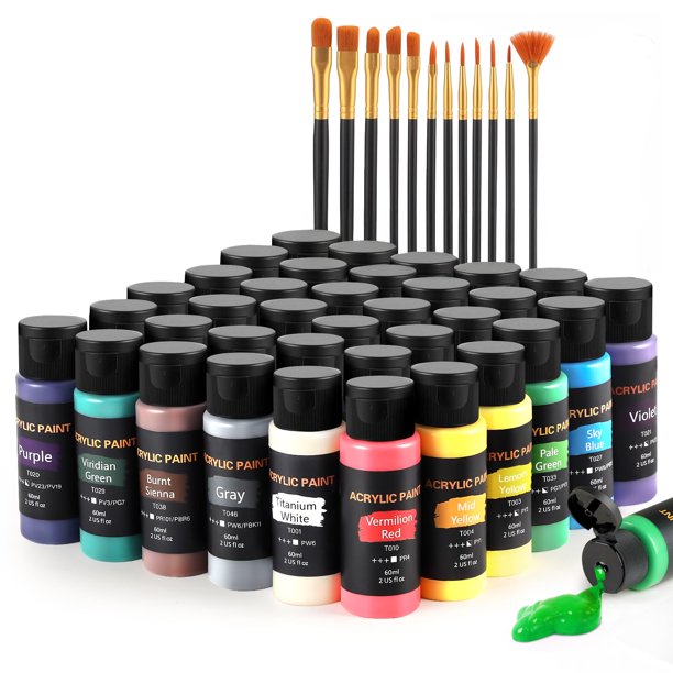 Juego De Pintura Acrílica Con 12 Pinceles De Arte, 36 Colores (2 Oz/Botella), Pintura Acrílica Para Pintar Lienzo, Madera, Cerámica Y Tela, Juego De Pintura Para Principiantes, Estudiantes Y Artistas