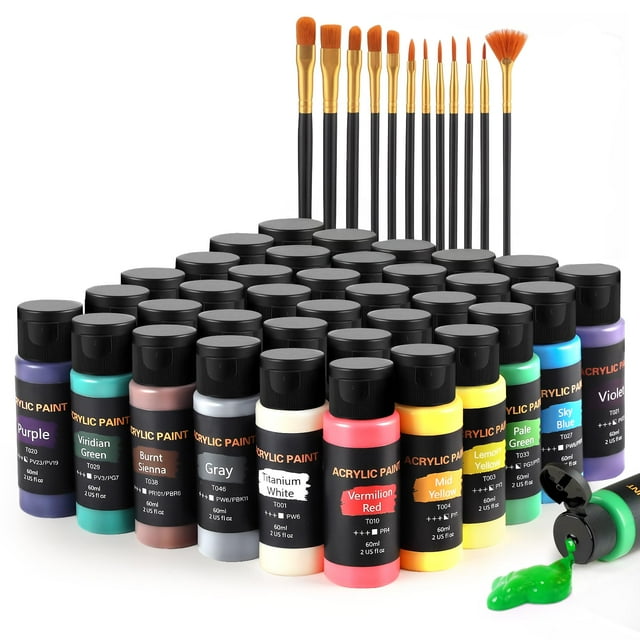 Juego De Pintura Acrílica Con 12 Pinceles De Arte, 36 Colores (2 Oz/Botella), Pintura Acrílica Para Pintar Lienzo, Madera, Cerámica Y Tela, Juego De Pintura Para Principiantes, Estudiantes Y Artistas