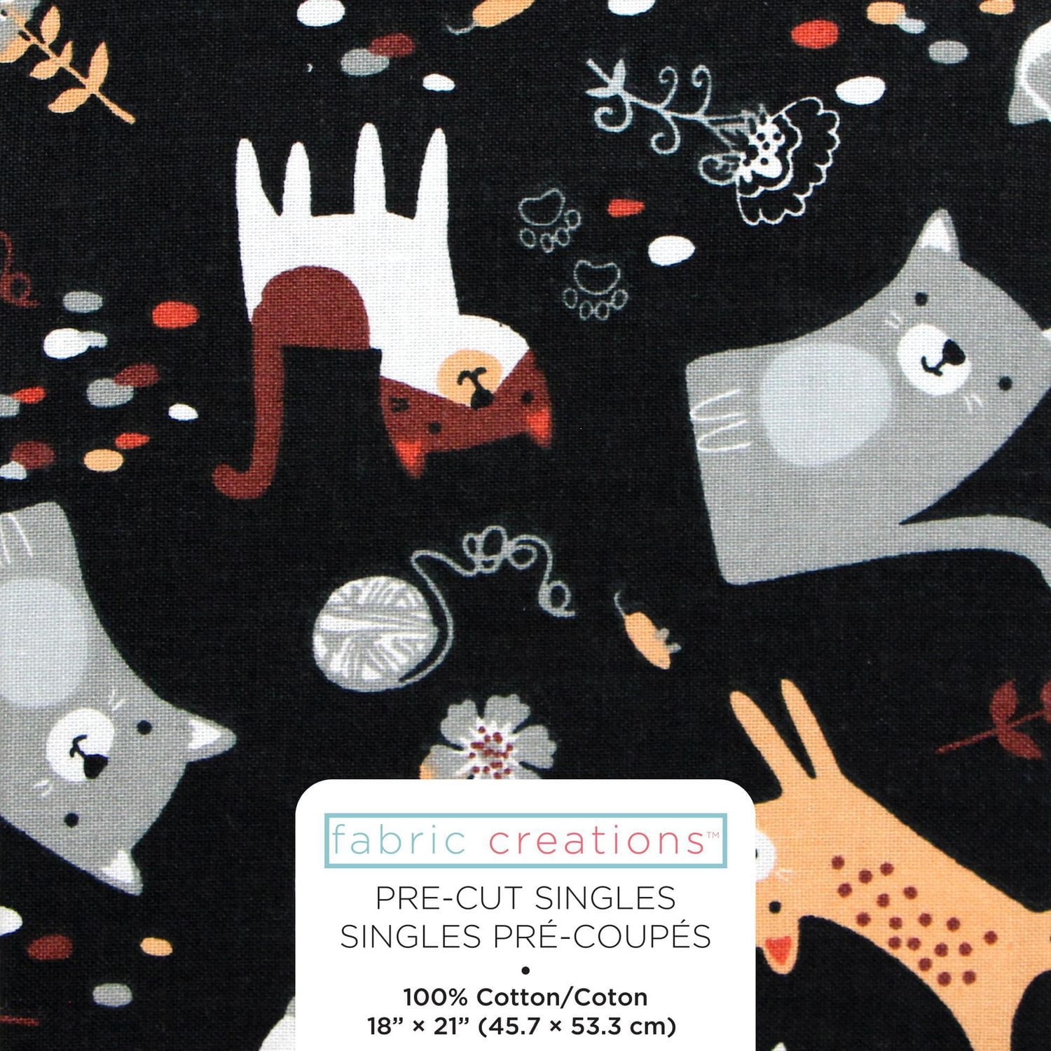 Fabric Creations Black with Cats and Flowers Fat Quarter Pre-Cut Fabric - 18" x 21" / 45cm x 53cm, 18" x 21" / 45cm x 53cm