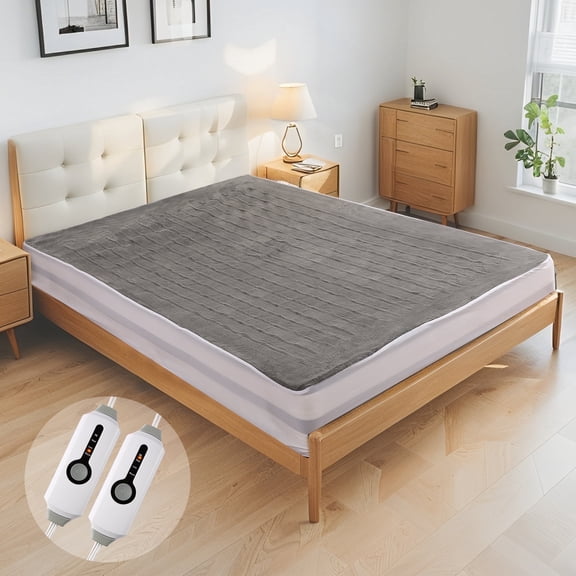 SUNNY HEAT Electric Mattress Pad Queen Size with Dual Control 4 Temperature 10H Auto-off, Coral Fleece, Grey
