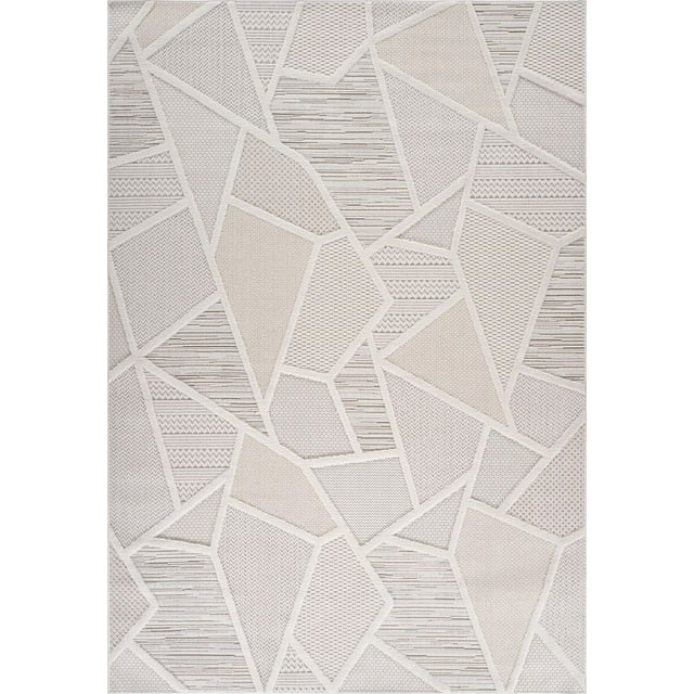 Cream beige modern indoor area rug featuring an abstract geometric design with multiple textured patterns, suitable for living room, bedroom, dining room, or kitchen.