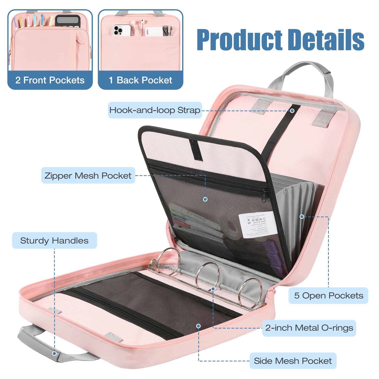 MoKo Zipper Binder with Strap Handle, 2 inch 3 Ring 500 Sheet Capacity Multi-Pockets Binder Organizer, School Office Supplies, Pink