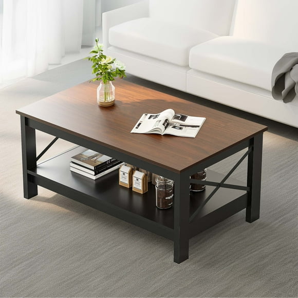 2-Tier Brown Coffee Table with Open Storage Shelf Farmhouse Accent Cocktail Center Ends Table for Living Room