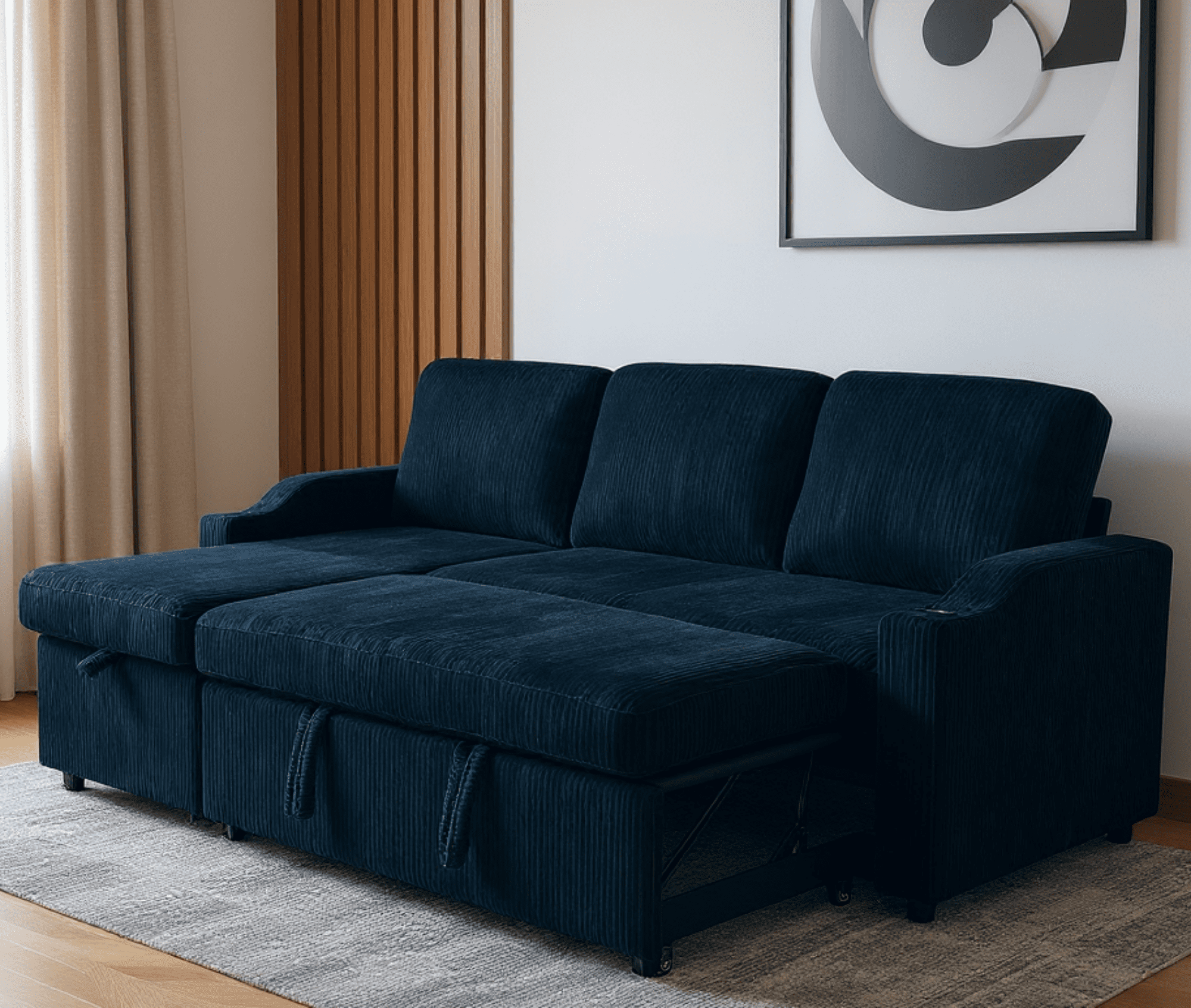 Gewnee Pull Out Sofa Bed,3 In 1 Sleeping and Seating Sofa with Storage Function,with Corduroy Fabric L-shaped Sofa,Suitable for Living Room,Bedroom and Apartment(Black)