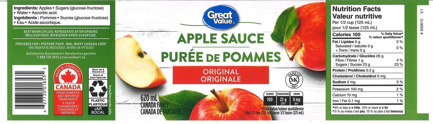 Great Value Purée de pommes originale 620 mL Purée de pommes sucrée de Great Value