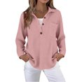 thumbnail image 2 of Button Down Shirts for Women Loose Fit Long Sleeve Polo Shirts Lightweight Waffle Knit Tops with Pocket Pink 2XL, 2 of 4