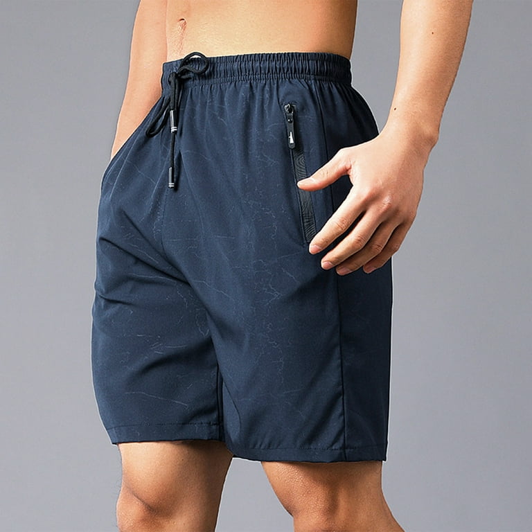 blue gym shorts for men male sport quick drying silk thread print shorts  drawstring glued zipper pocket shorts