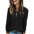 thumbnail image 3 of Sweaters For Women Long Sleeve V Neck Ribbed Pullover Fall Winter Button Solid Color Elegant Top 2025 Outdoor Daily Women Sweaters Black L, 3 of 6