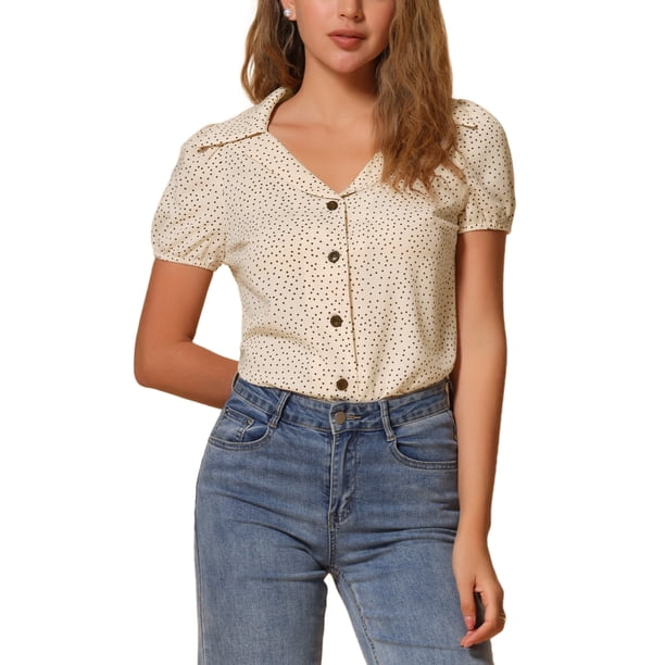 BLUSA Vintage de Lunares de Manga Corta con Botón INSPIRE CHIC para Mujeres de 1950 en Color Beige