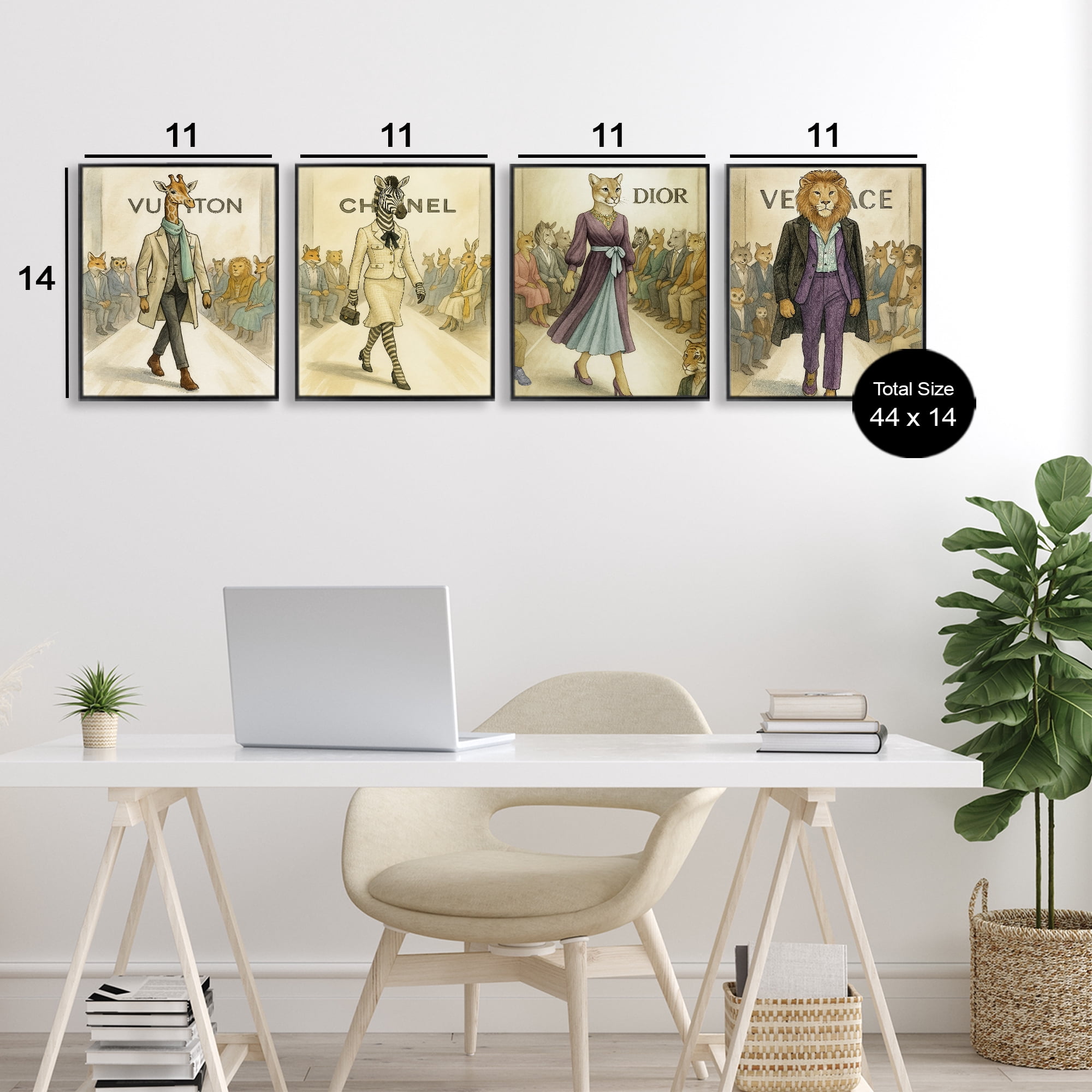 Stupell Industries Fashion Runway Animals 4 Piece Black Framed Giclee Art Set, design by Grotto Studios