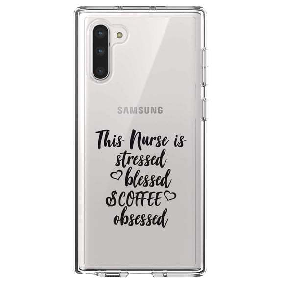 DistinctInk Clear Shockproof Hybrid Case for Samsung Galaxy Note 10 (6.3" Screen) - TPU Bumper Acrylic Back Tempered Glass Screen Protector - This Nurse Is Stressed Blessed & Coffee Obsessed