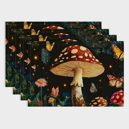 

Shiartex Mushroom Butterfly Flowers Dining Table Placemats Set of 4 Linen Table Mats for Birthday Parties Christmas Restaurants Buffets Home Decoration 18x12in