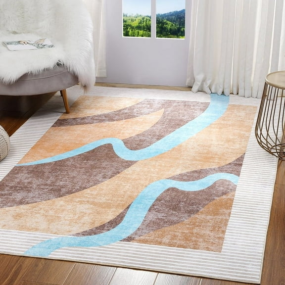 Junovo Abstract Rug Low-Pile Soft Rugs for Living Room Floor Carpet,5'x8',Yellow