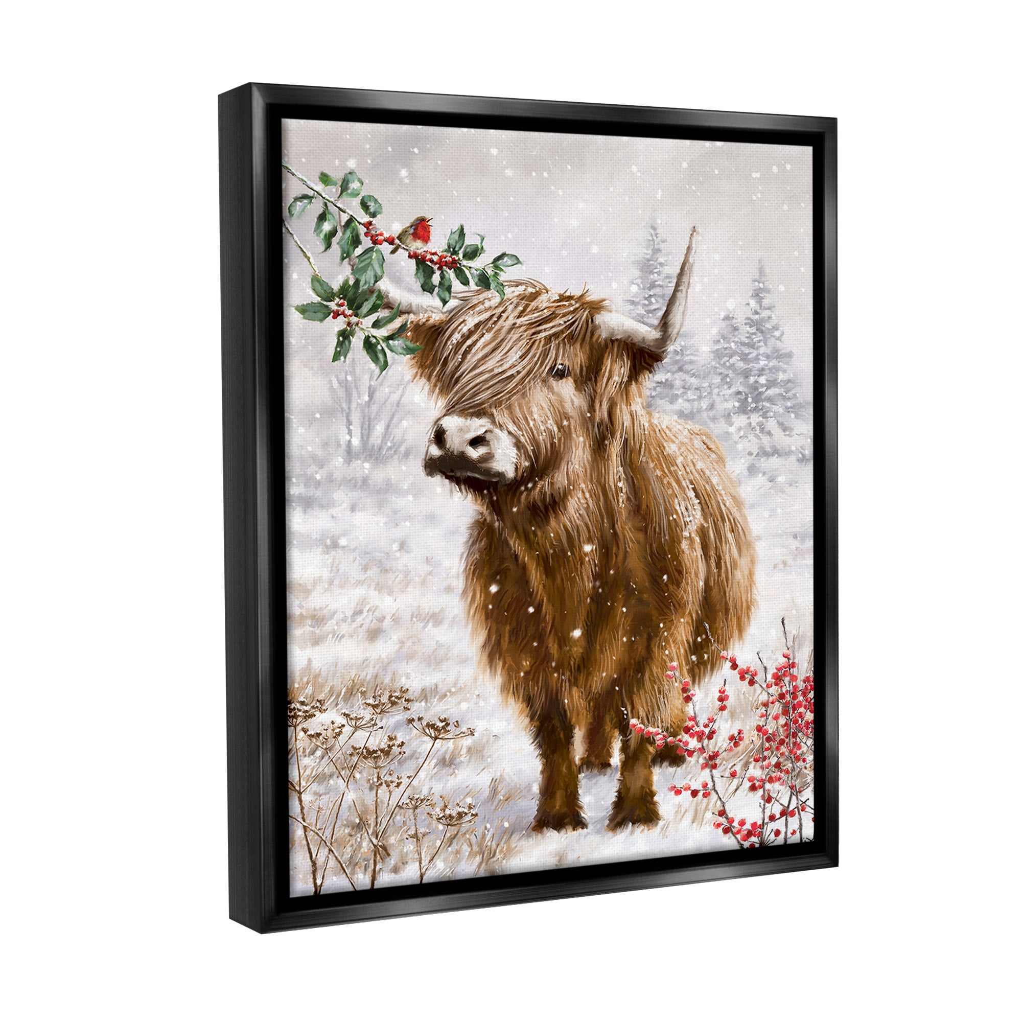 Stupell Industries Cattle with Winter Berries Animals & Insects Painting Black Floater Framed Canvas Art Print Wall Art, 25 x 31