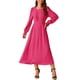thumbnail image 1 of Vestido midi A-line con cuello redondo, mangas largas, volantes y bolsillos para mujer INSPIRE CHIC en rosa intenso XL, 1 of 5