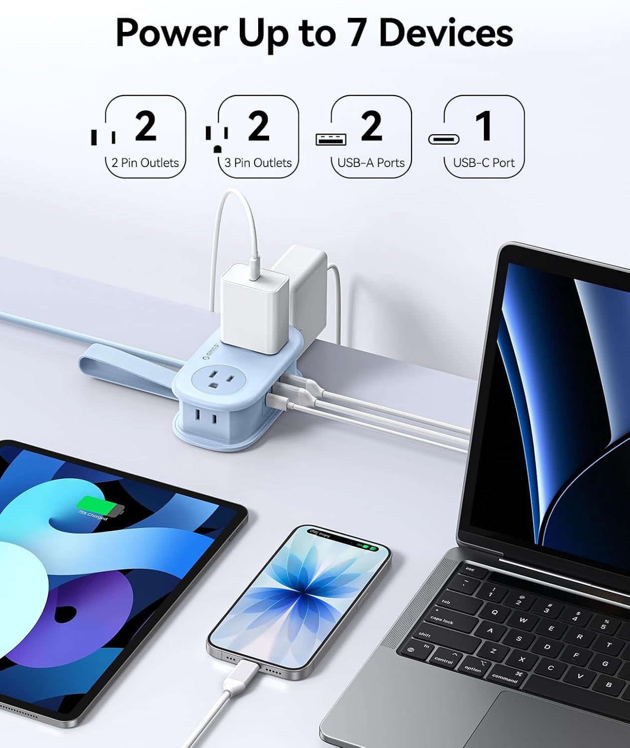 JJEAN-Blue Travel Power Strip PD20W with 4 AC Outlets 3 USB Ports (1 USB-C), 4FT Flat Plug Extension Cord, Compact Portable Design for Business Travel, Cruise Ship Essentials-AP3