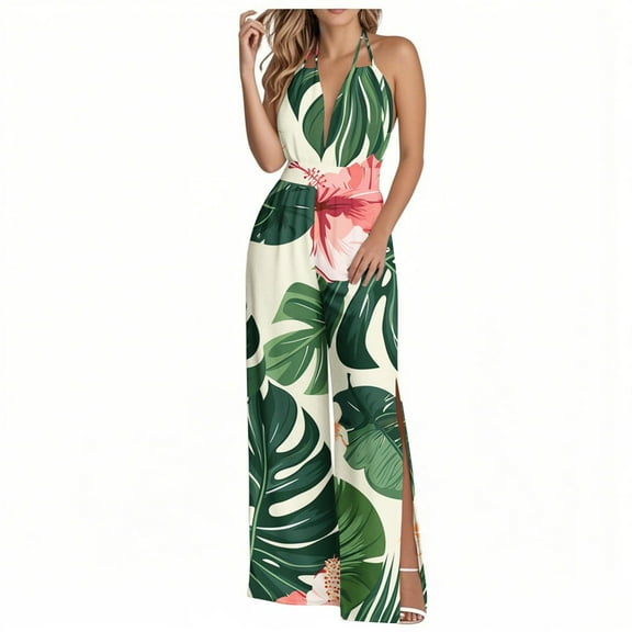 Tnhcen Women's Tropical Print Wide Leg Jumpsuit Halter Neck Backless Romper Elastic Waist 4-Way Stretch Culottes with Slit Beachwear Summer Outfit S-2XL