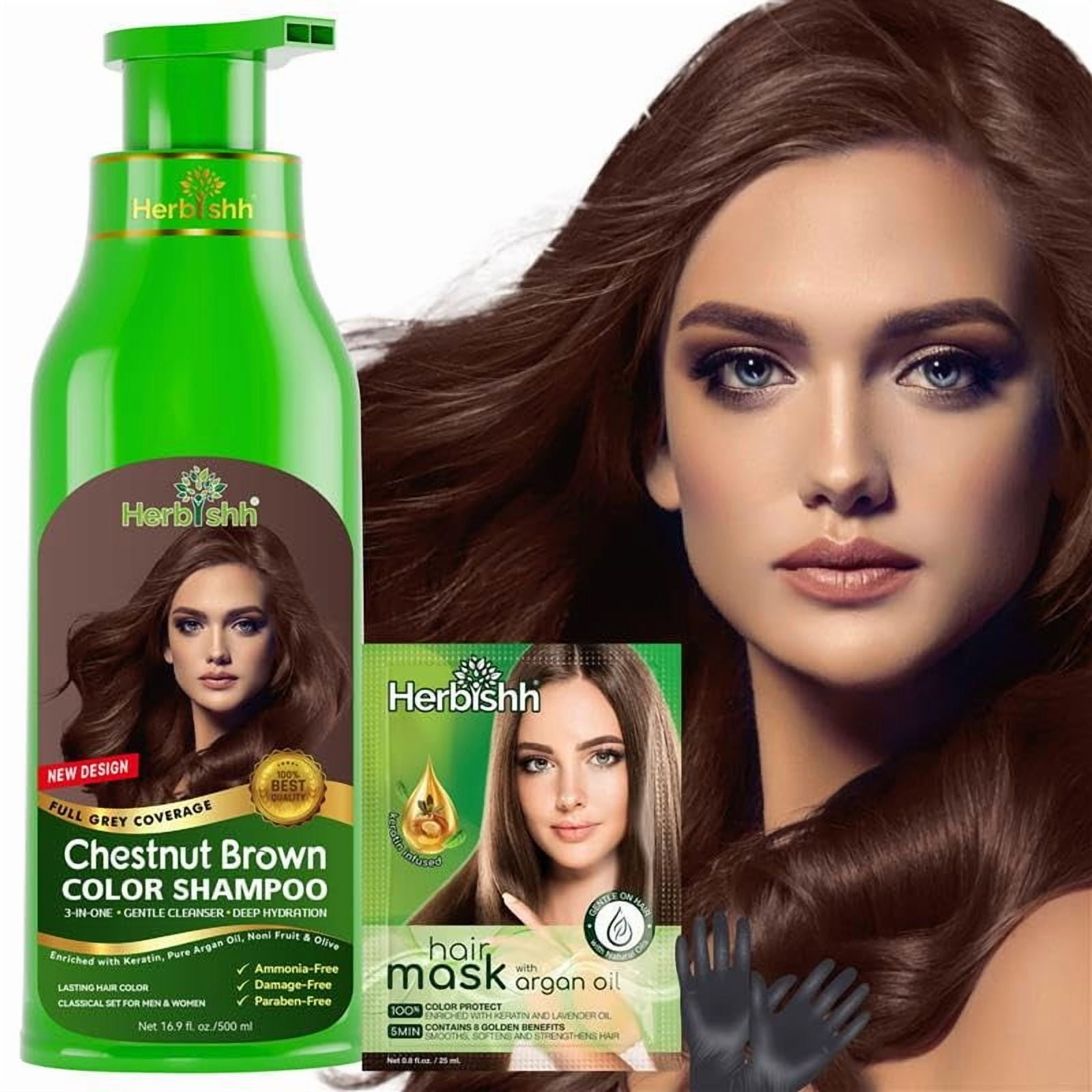(3 pack) Herbishh Color Shampoo Combo - Hair Color Shampoo Hair Dye 500ml, Argan Oil 30ml Pro Keratin, Argan Hair Mask 100gm For Hair Straightening, Shine And Protection (Chestnut Brown)