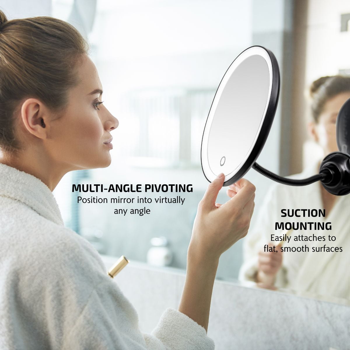 Ovente 8.5'' Lighted Makeup Mirror, Rechargeable Swivel Gooseneck with Attachable Suction Cup Mount, 10X Magnetic Mini Magnifier, Dimmable LED, for Bathroom, Home & Travel, USB Powered, Black MOW22B