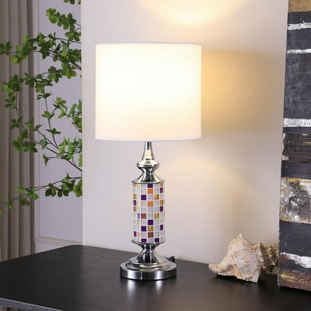 Noble House Vicki 24" Glass Mosaic Table Lamp, Chrome Base, White Drum Shade, E26 Light Bulb, Silver