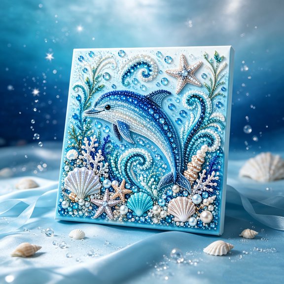 Ocean Theme Pearl Art DIY Kit, 7.8 x 7.8in 3D Faux Bead Marine Animal Embroidery Diamond Craft Set, Relaxing Coastal Hobby Gift for Adults Beginners
