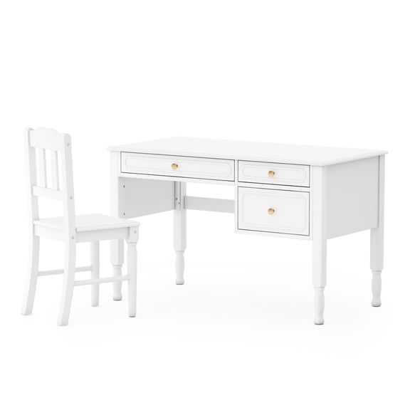 Guidecraft Avery Kids' Desk and Chair Set - White: Girls Wooden Study Desk with Storage Drawers, Computer Workstation for Children