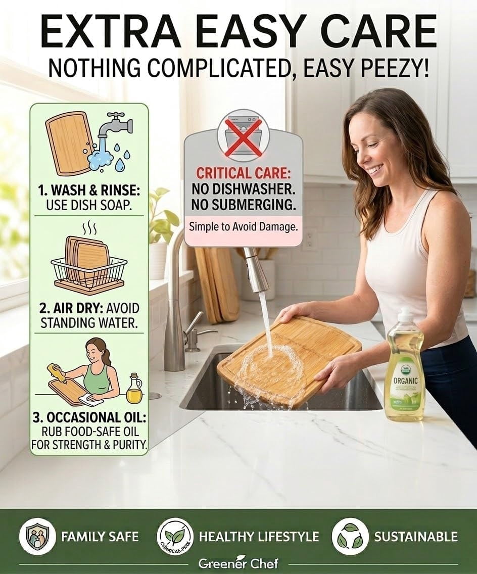 Greener Chef Luxury Bamboo Cutting Board Set of 3, Glue-Free Surface Technology, Extra Spacious XL Wood Kitchen Chopping Boards, Lifetime Replacement