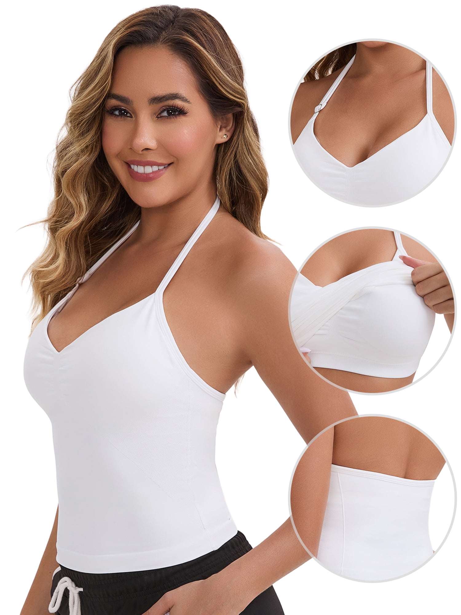 DARING DIVA Women's Halter Neck Padded Adjustable Spaghetti Straps Tank Top S White