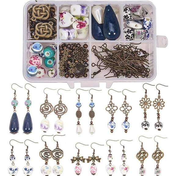 1 Box DIY 10 Pairs Porcelain Earring Making Starter Kit with Porcelain Beads Spacer Bead Earring Hooks Jewelry Arts Craft Supplies Findings for Beginners Women Gift Instruction Colorful