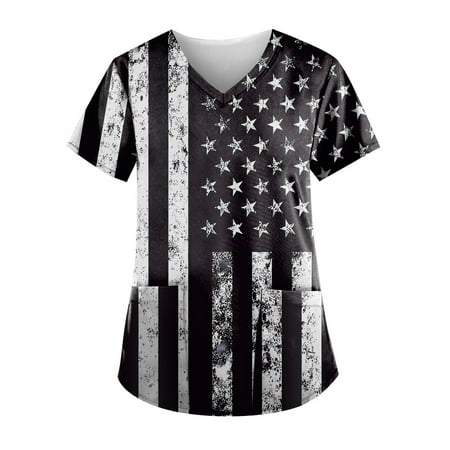 

Sksloeg Women s Scrubs American Flag Stars Stripes Pattern V-Neck T-Shirts Tee Scrubs Top with Pockets Black XXL