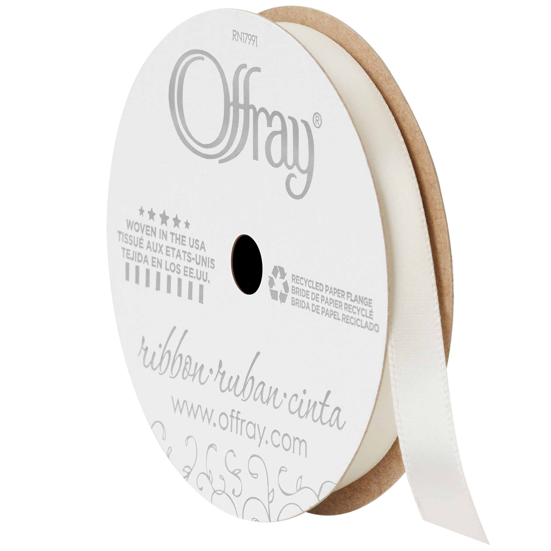 Offray Ribbon, Antique White 3/8 inch Single Face Satin Polyester Ribbon, 18 feet