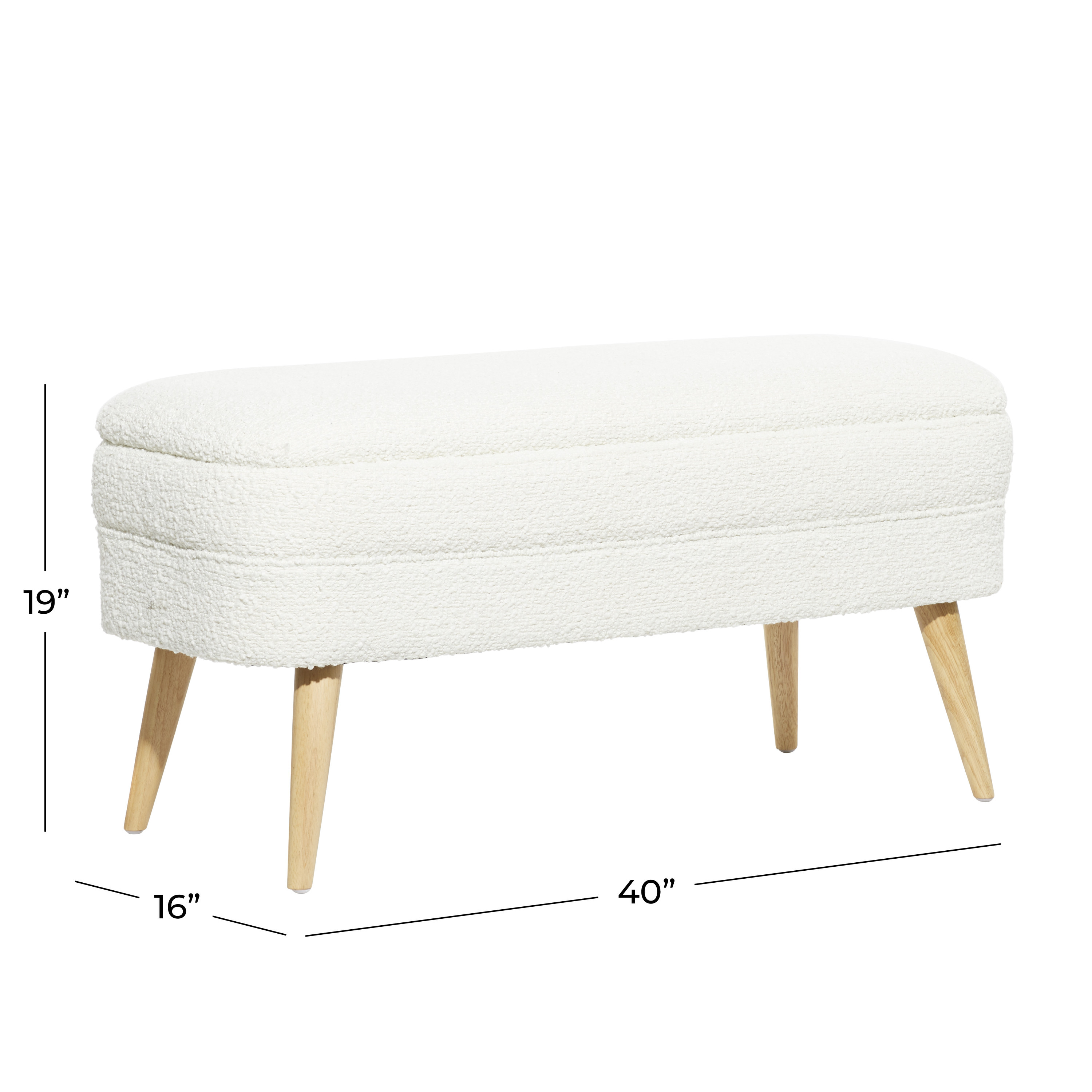 DecMode Polyester Rounded Upholstered Boucle Storage Bench with Wood Legs, White