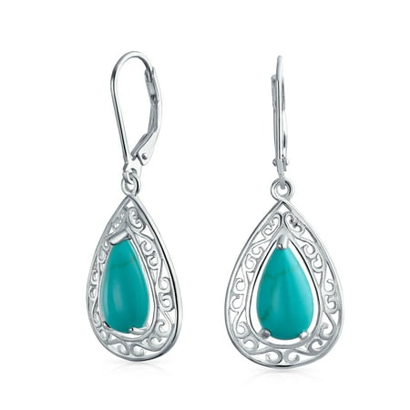 Bali Style Stabilized Turquoise Pear Shaped Leverback Filigree Drop Dangle Earrings For Women 925 Sterling